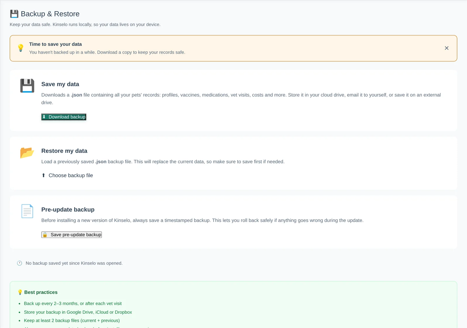Backup and restore screen in Kinselo
