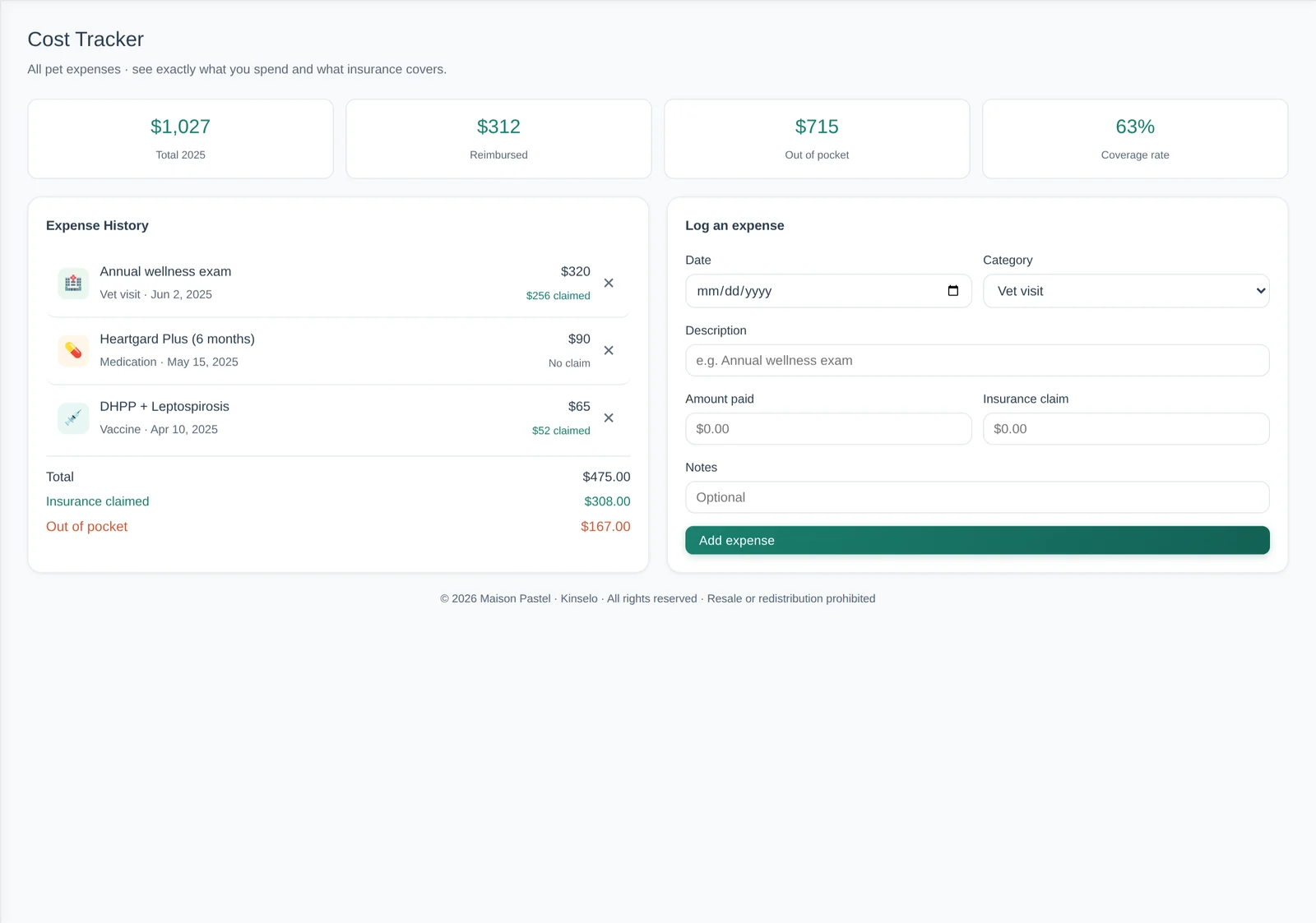 Cost tracker screen in Kinselo