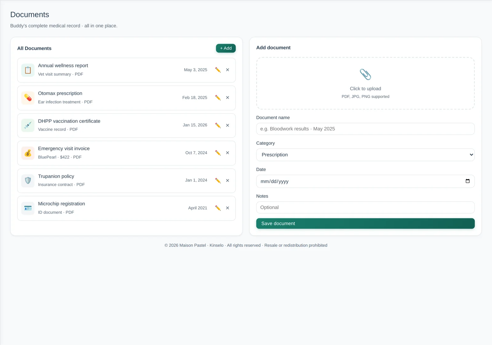 Documents screen in Kinselo