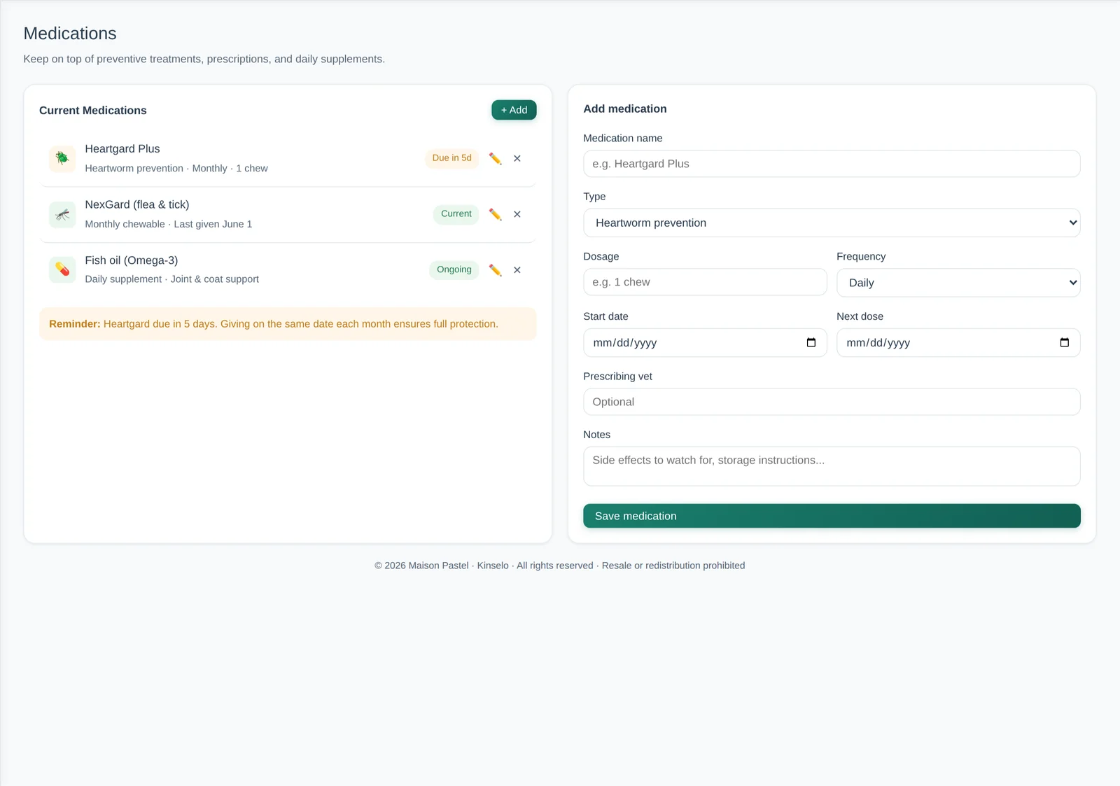 Medication tracking screen in Kinselo