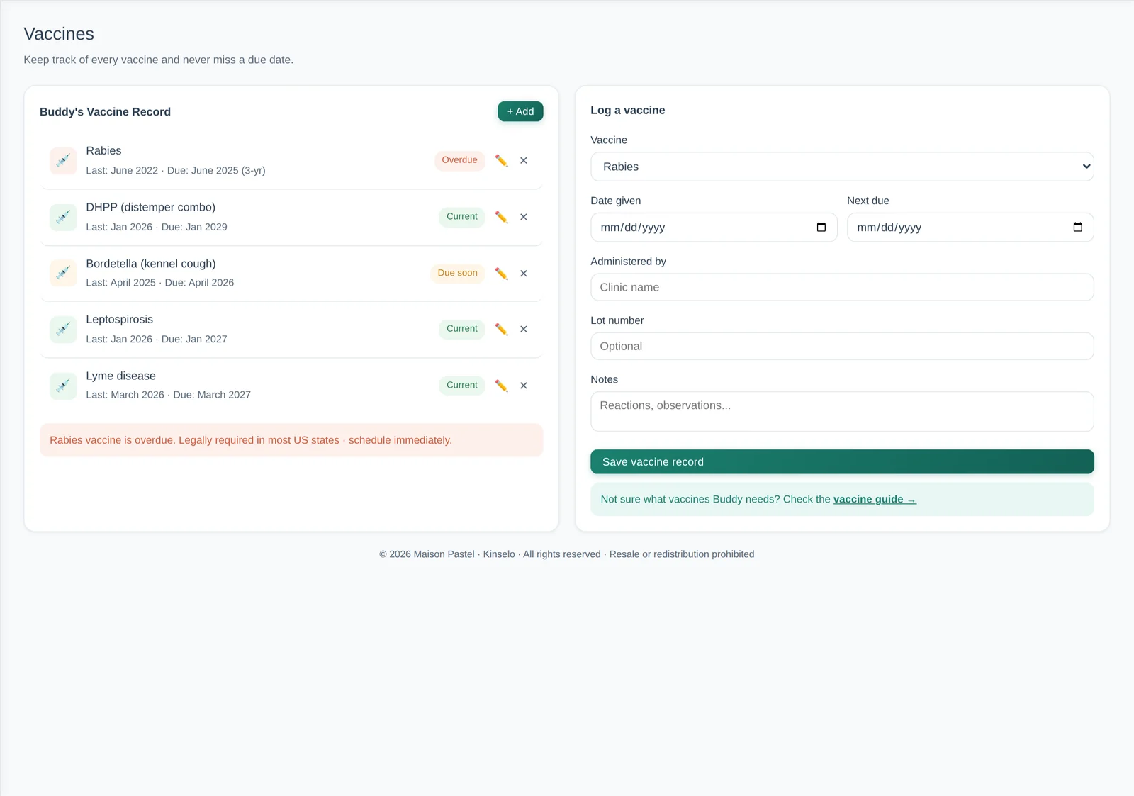 Vaccine tracking screen in Kinselo