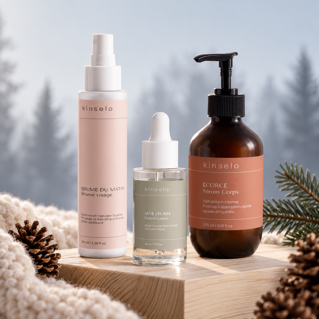Pack Essentielle Kinselo, brume visage, sérum visage et sérum corps hydratant
