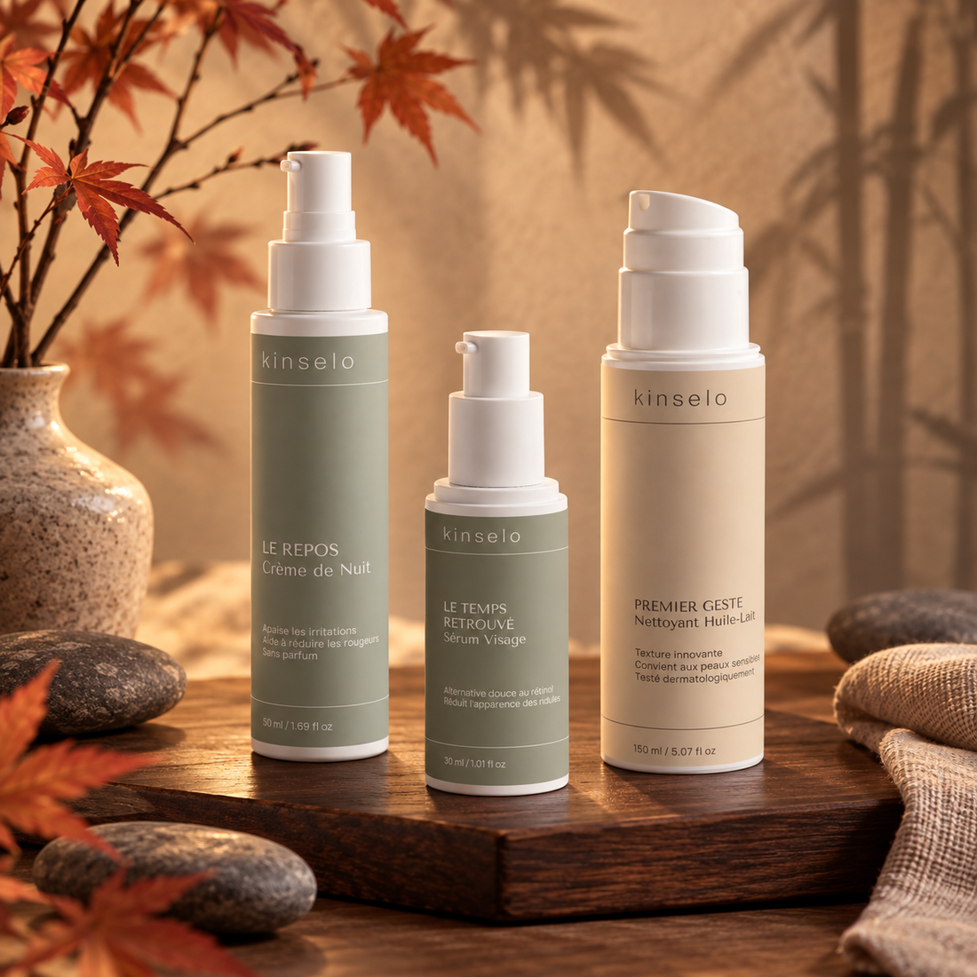 Pack Rituel Kinselo, nettoyant huile lait, sérum alternatif au rétinol et crème de nuit
