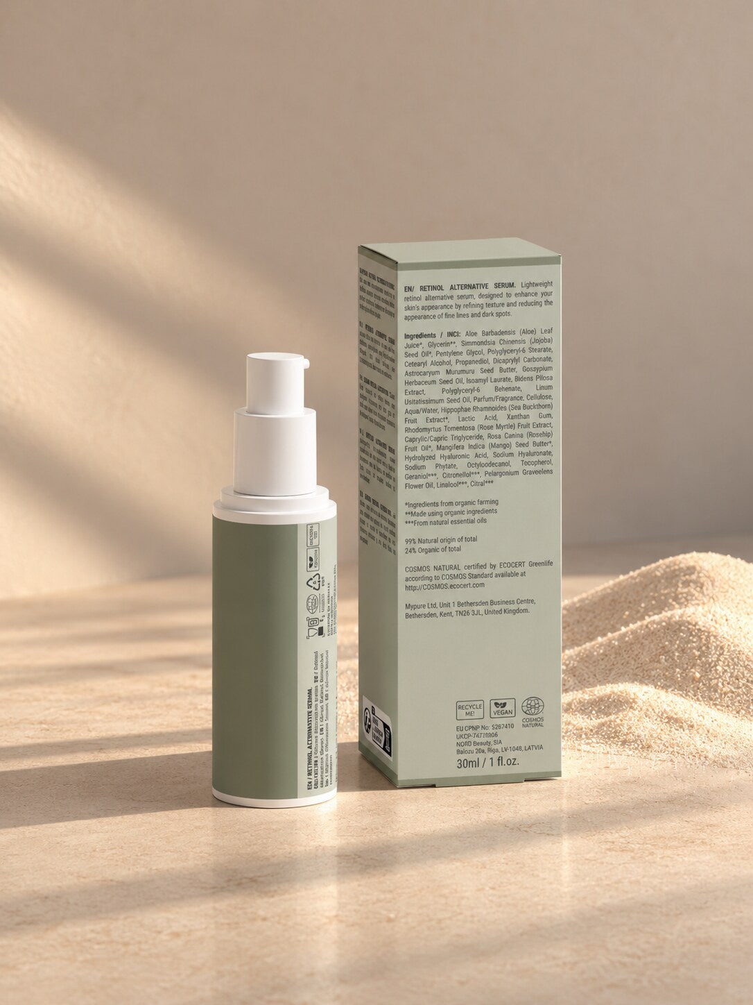 Sérum alternatif au rétinol, flacon et emballage vue de dos
